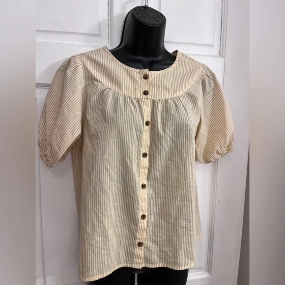 Madewell Prose Yellow Striped Short Sleeve Button Loose Fit Peasant Top Sz XS - Picture 2 of 9